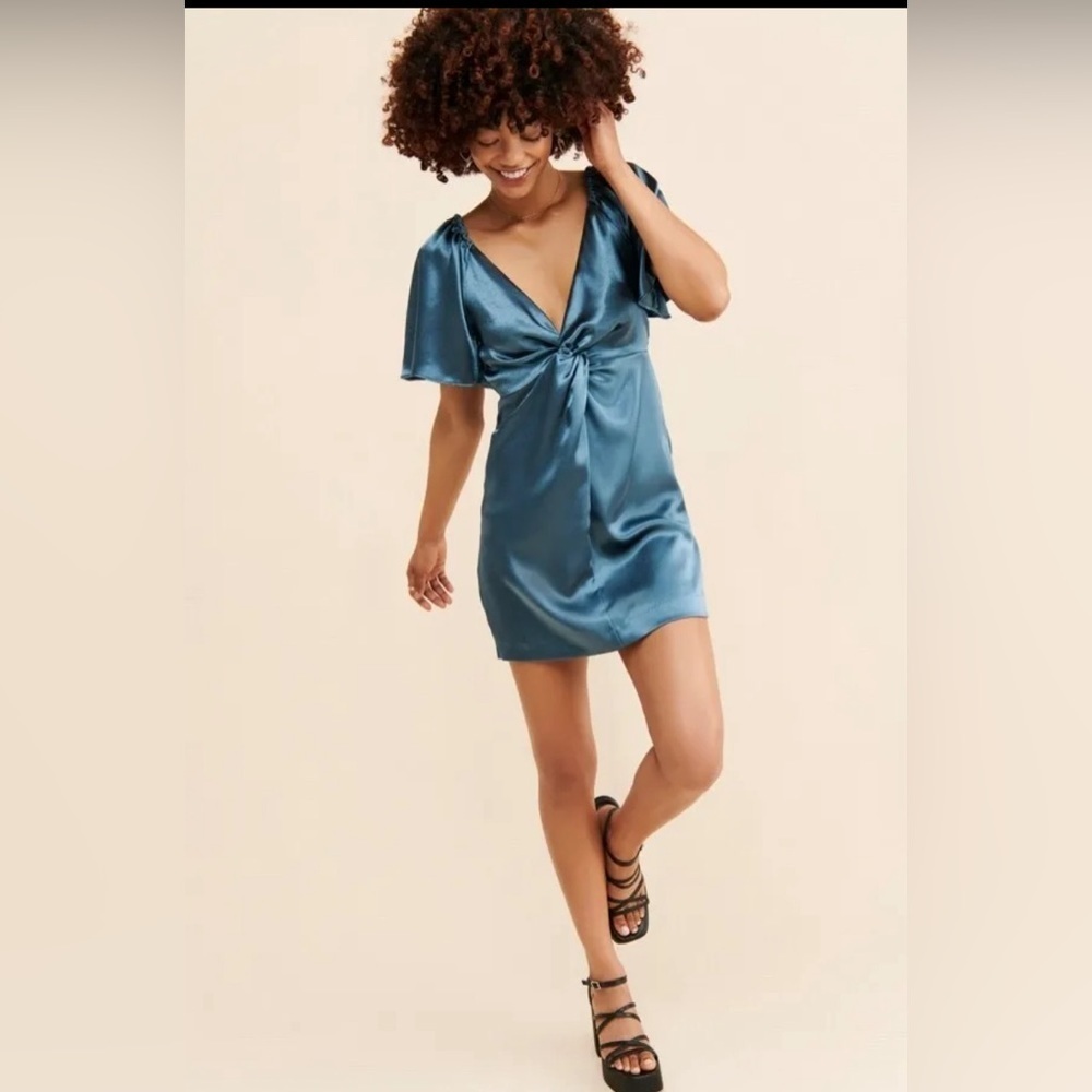 Free People Satin Mini Dress in Teal Blue